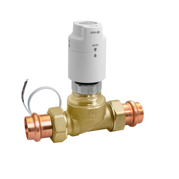 Brass 3/4" press union assembly with white actuator head and copper connectors.