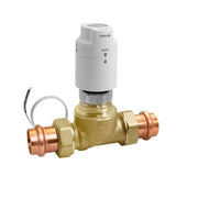 Brass PEX expansion union with white motorized actuator head and copper connectors.