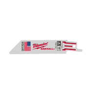 Milwaukee SAWZALL reciprocating saw blade with fine serrated edge and red mounting tang.