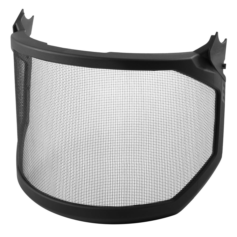 Black mesh protective shield with curved frame and side attachment points for helmet or hard hat mounting.