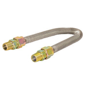 Stainless steel corrugated gas connector with brass fittings on both ends, 48 inches long.