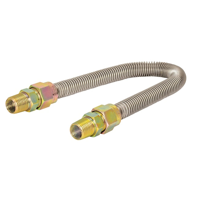 Stainless steel corrugated gas connector with brass fittings on both ends, 48 inches long.