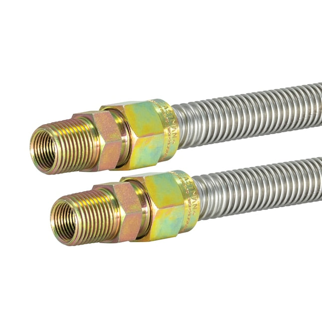 Stainless steel corrugated gas connector with brass male fittings on both ends and yellow-green connector sleeves.
