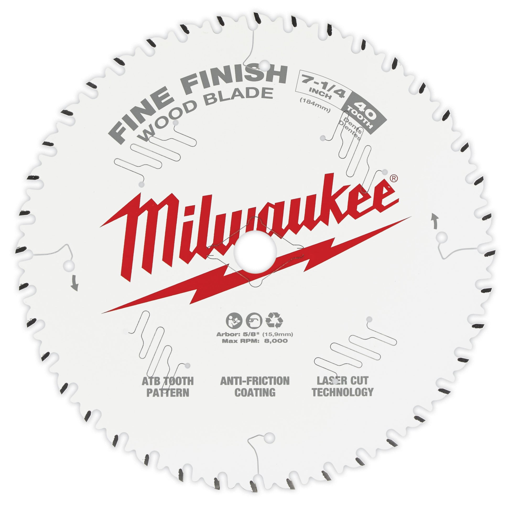Milwaukee 7-1/4 inch fine finish circular saw blade with 40 teeth and anti-friction coating.