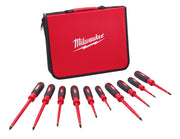Red EVA foam case with Milwaukee logo and 10 insulated screwdrivers with red handles and black grips arranged in front.