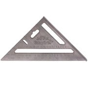 Gray aluminum rafter square with measurement markings, handle cutouts, and degree scale on triangular body.