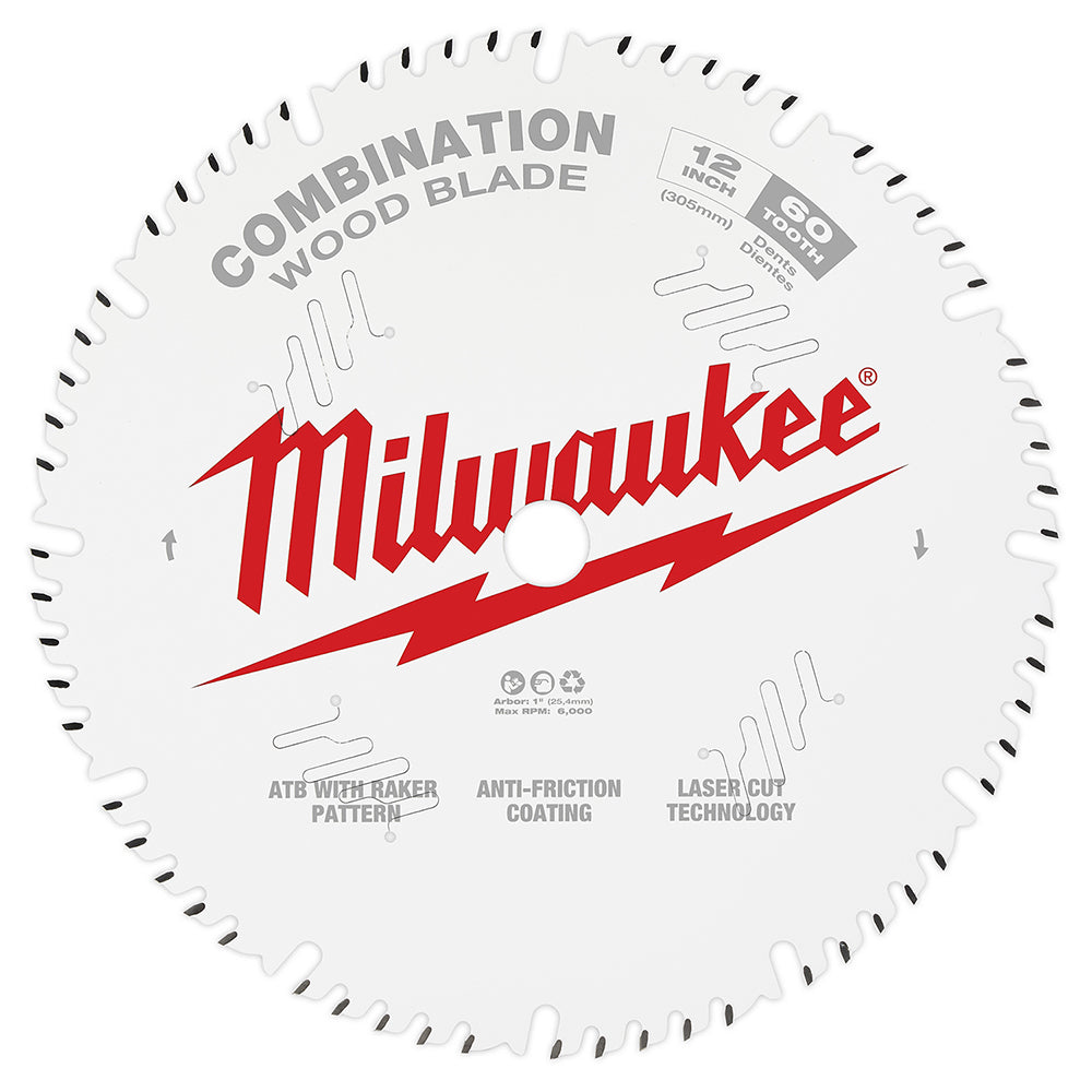 Milwaukee 12-inch circular saw blade with 60 teeth, combination wood blade, white with black teeth and red Milwaukee branding