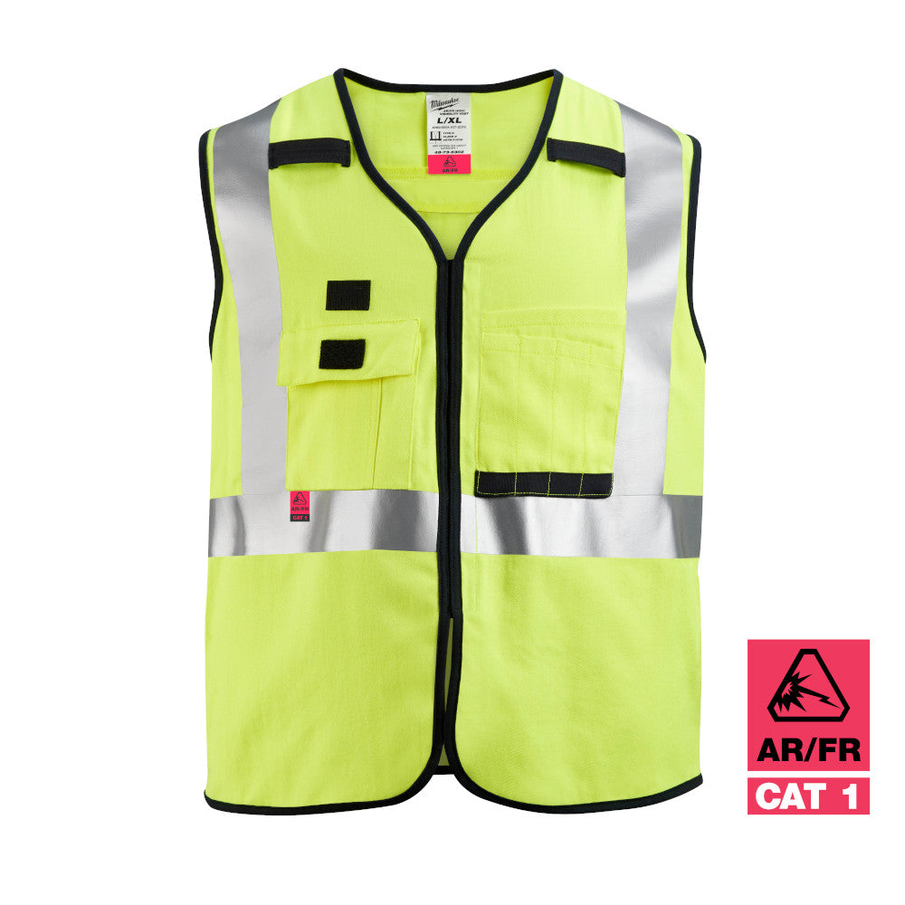High-visibility yellow safety vest with reflective silver stripes, front zipper, and two chest pockets with black closures.