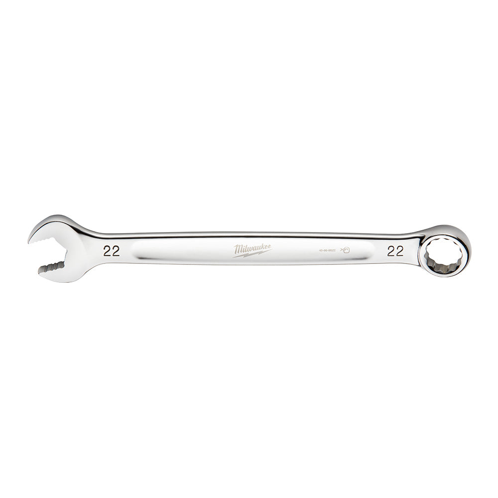Silver Milwaukee 22MM combination wrench with open end on left and closed ring end on right.