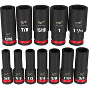 Twelve black Milwaukee 1/2" drive deep sockets with red bands, labeled with SAE sizes from 3/8" to 1 1/16".