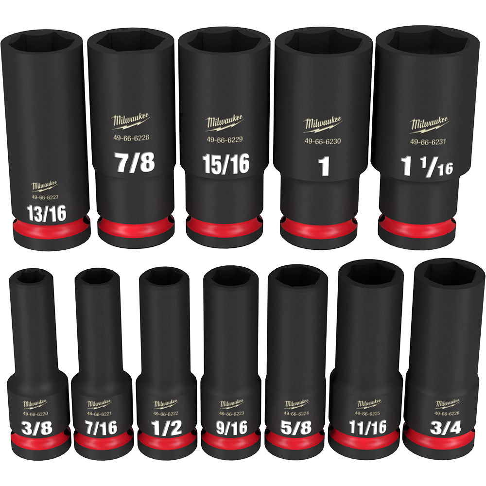 Twelve black Milwaukee 1/2" drive deep sockets with red bands, labeled with SAE sizes from 3/8" to 1 1/16".
