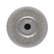 Gray flared contour buffing wheel with textured surface and central mounting hole, Milwaukee branded.