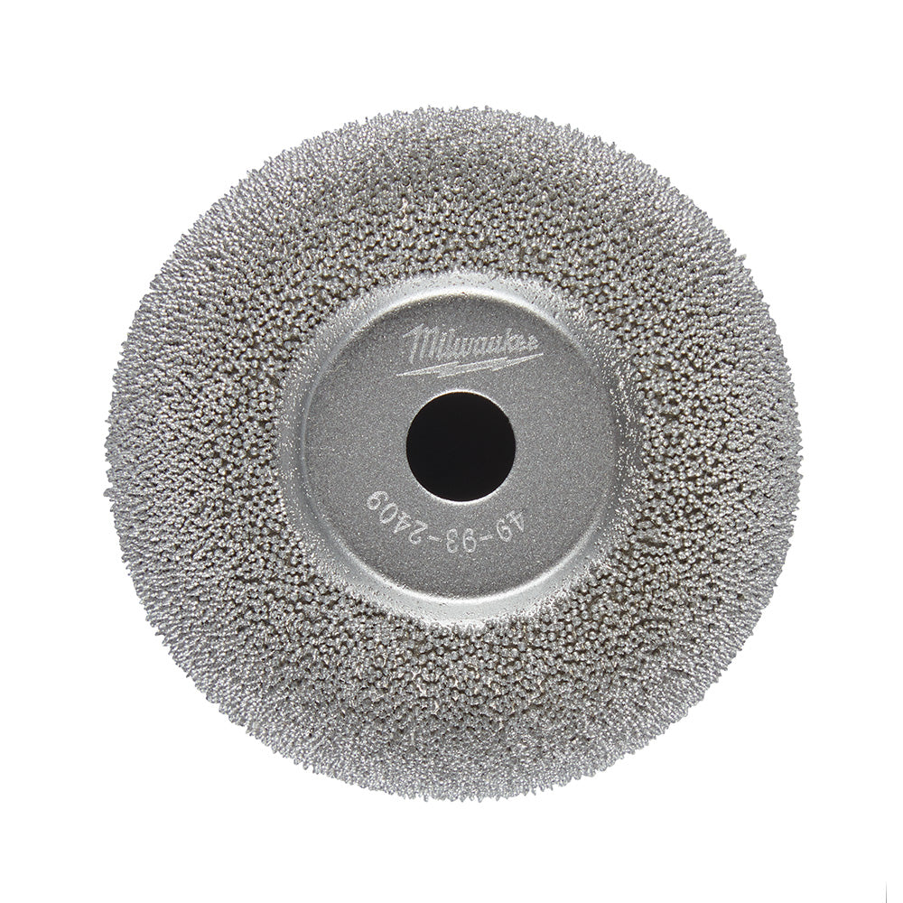 Gray flared contour buffing wheel with textured surface and central mounting hole, Milwaukee branded.