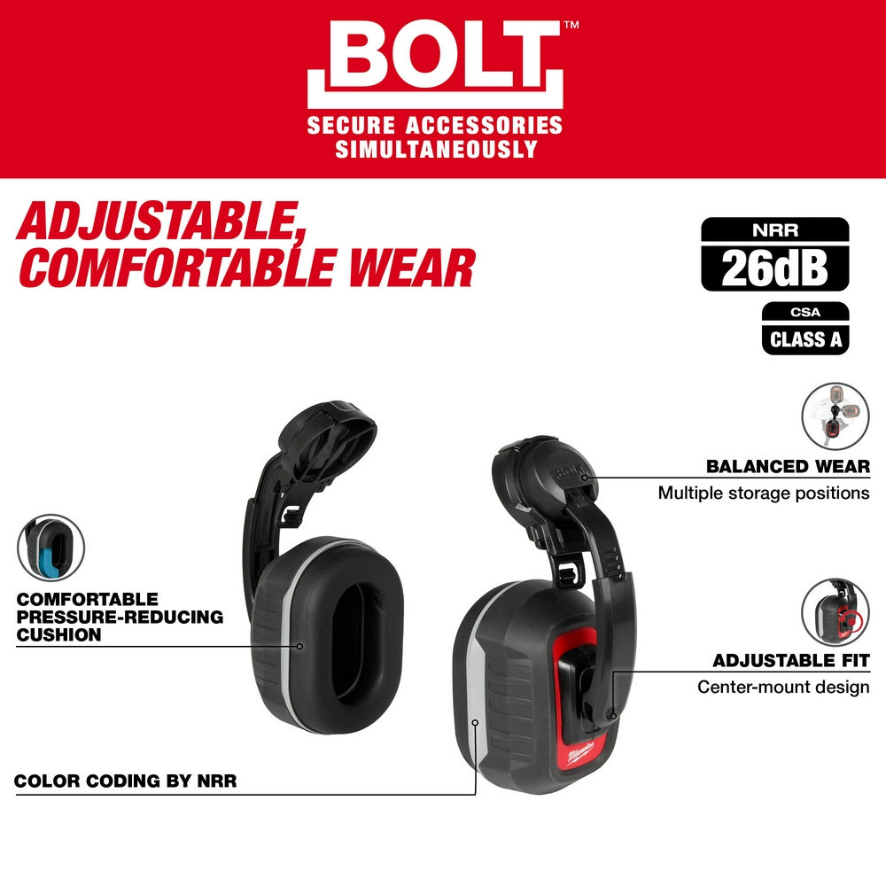 Black and red over-ear earmuffs with padded cups, adjustable headband, and center-mount design for noise protection.