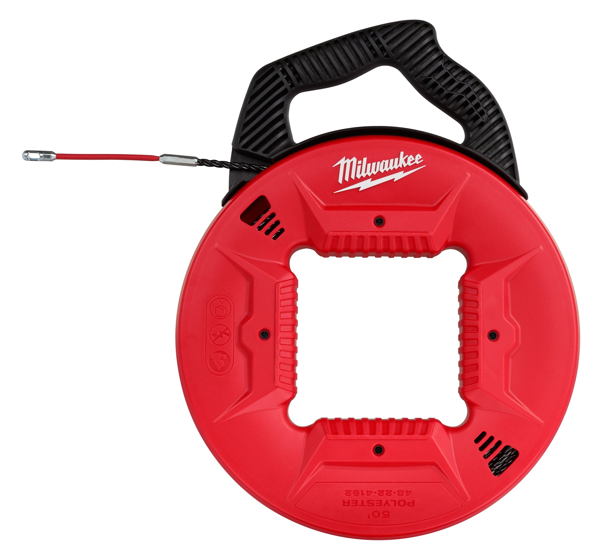 Red Milwaukee fish tape reel with black handle and red polyester tape with metal leader extending from spool.