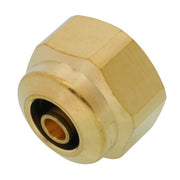 Brass PEX fitting with hexagonal nut and compression collar on white background.