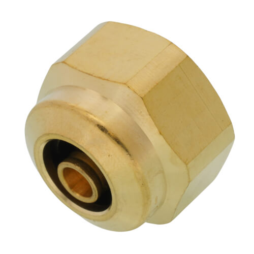 Brass PEX fitting with hexagonal nut and compression collar on white background.