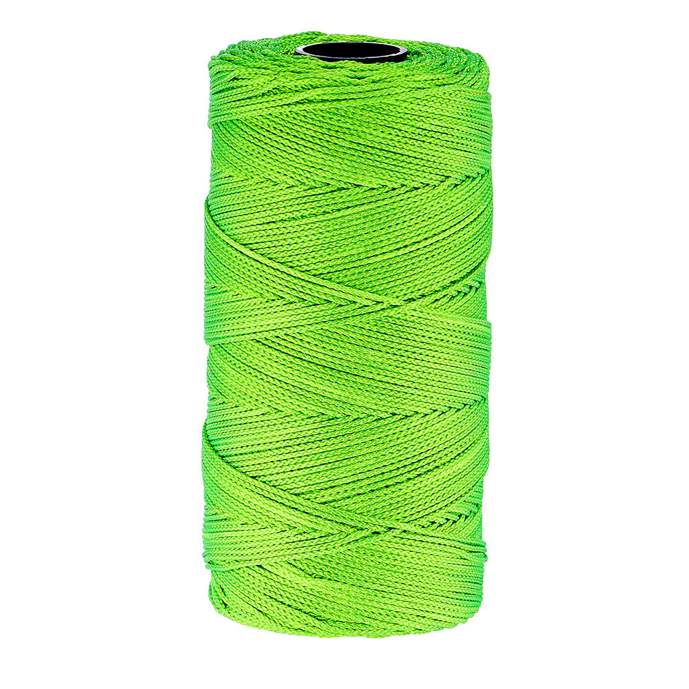 Bright green braided nylon line wound on a spool with a black center hub.