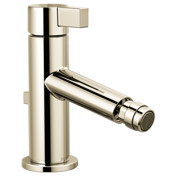 Polished nickel single-handle bidet faucet with cylindrical body, rectangular lever handle, and angled spray spout.