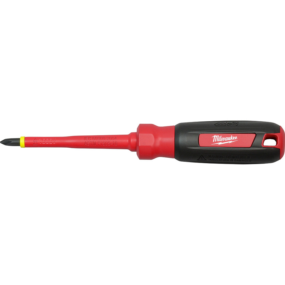 Red and black insulated Phillips #2 screwdriver with 4-inch shaft and yellow stripe near tip.