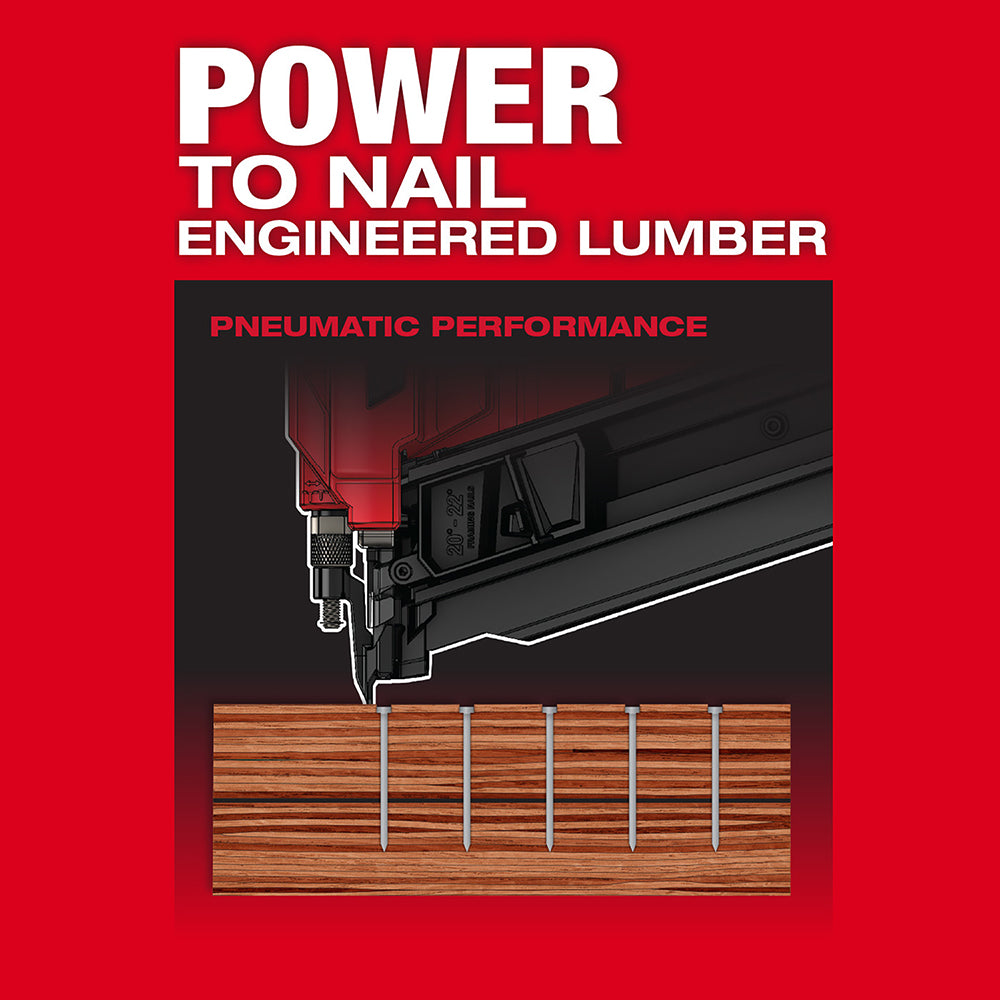 Black M18 FUEL framing nailer shown driving nails into engineered lumber with technical diagram on red background.