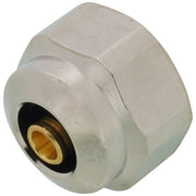Chrome plumbing fitting with brass interior port and black rubber seal ring.