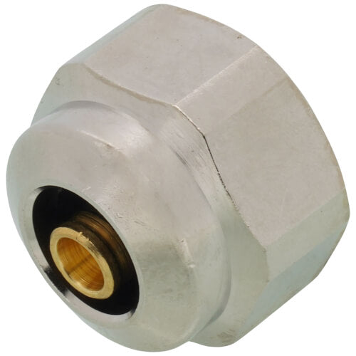 Chrome plumbing fitting with brass interior port and black rubber seal ring.