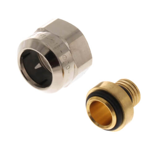 Chrome-plated PEX fitting with chrome nut and brass connector insert for 5/8" tubing.