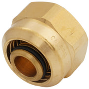 Brass PEX-AL-PEX fitting with 5/8" connection and internal sealing rings visible in central opening.