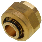 Brass PEX-AL-PEX fitting with 3/4" connection ports and compression ring visible inside.