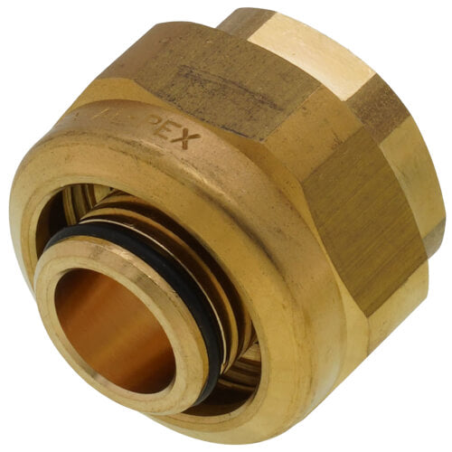 Brass PEX-AL-PEX fitting with 3/4" connection ports and compression ring visible inside.