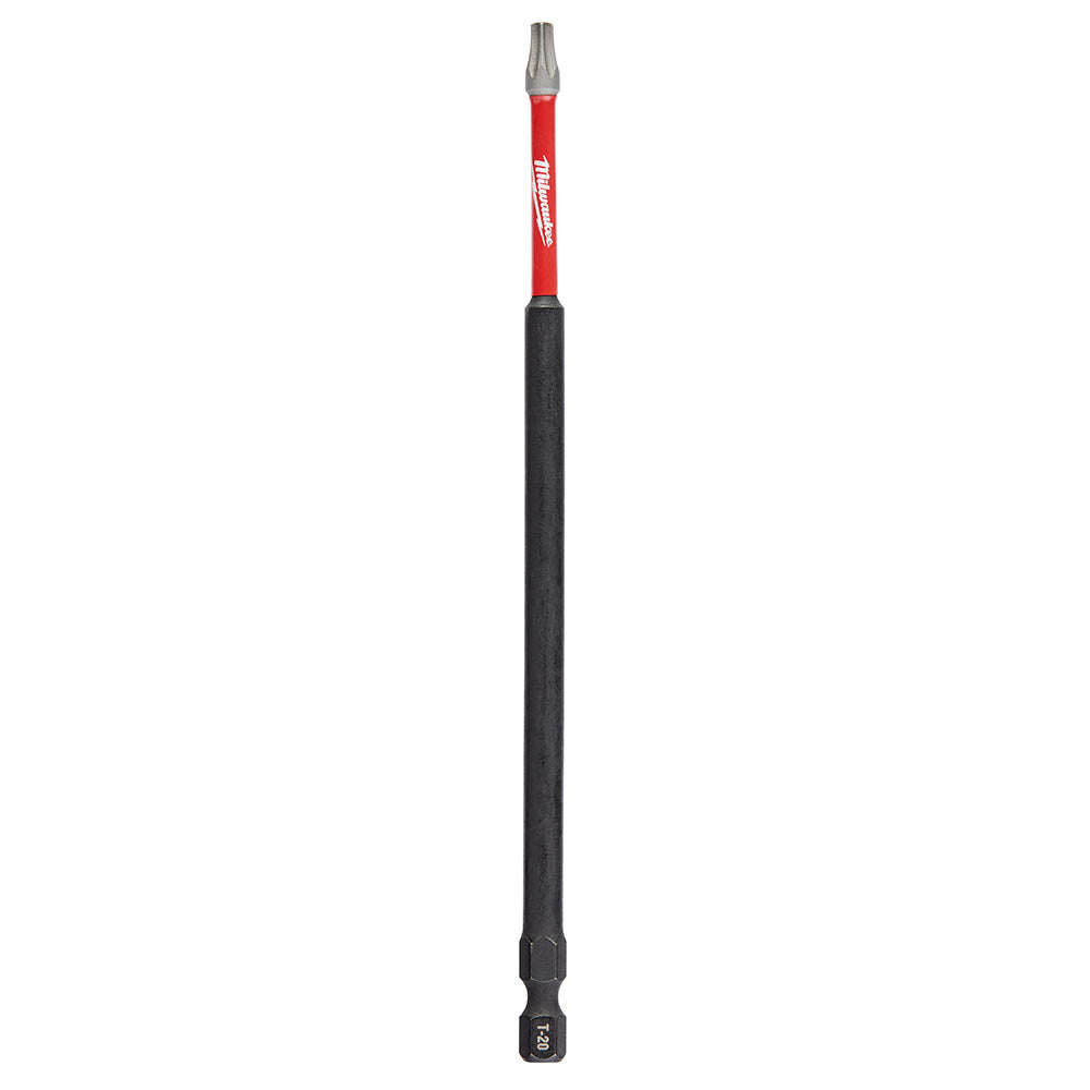Milwaukee Shockwave Torx T20 impact driver bit with red and black shaft and gray tip.