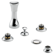 Brizo Rook bidet faucet with white spout, chrome base, and chrome valve components displayed separately.