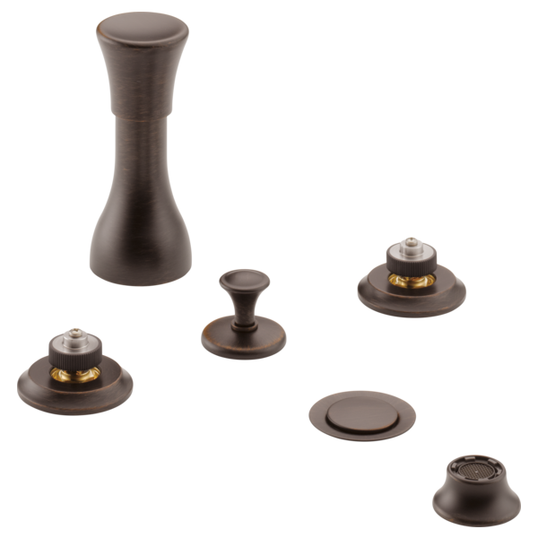 Bronze bidet faucet with spout, handles, and mounting components displayed separately.