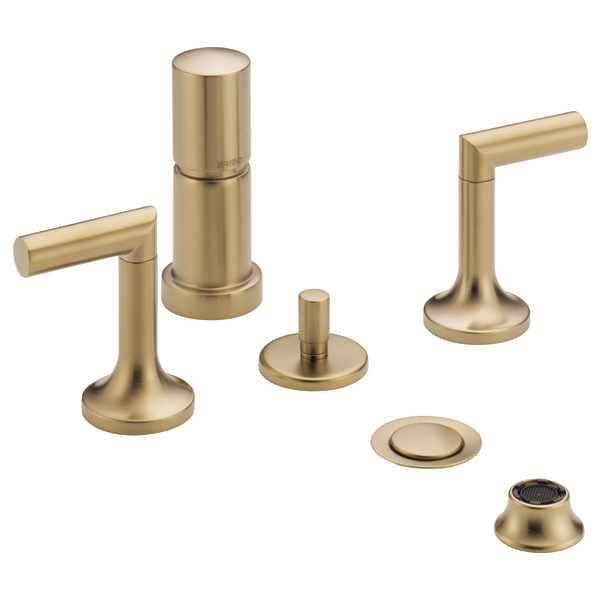 Brushed brass bidet faucet set with two lever handles, vertical spout, and deck-mounted components.