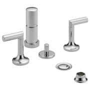 Brizo Odin bidet fixture with cylindrical spout, two lever handles, and polished chrome finish components displayed separatel