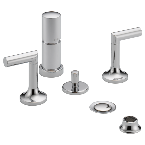 Brizo Odin bidet fixture with cylindrical spout, two lever handles, and polished chrome finish components displayed separatel