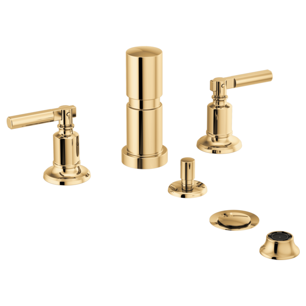 Brizo Invari bidet faucet in champagne bronze with two lever handles, spout, and mounting components.