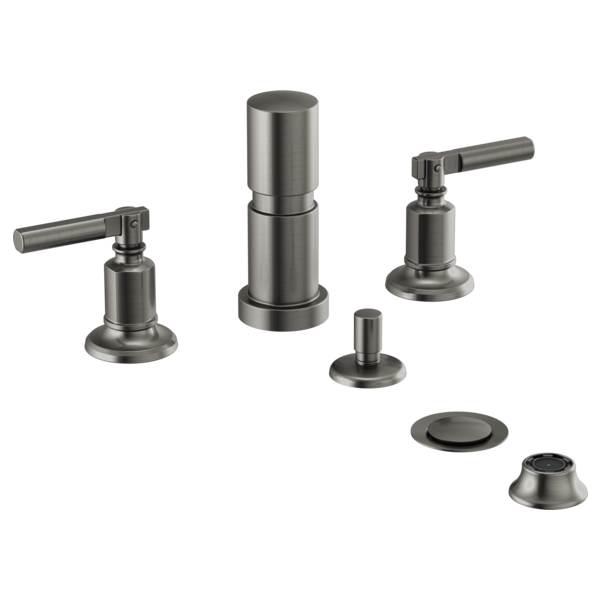 Brushed stainless steel bidet fixture with cylindrical body, two lever handles, and circular mounting bases.