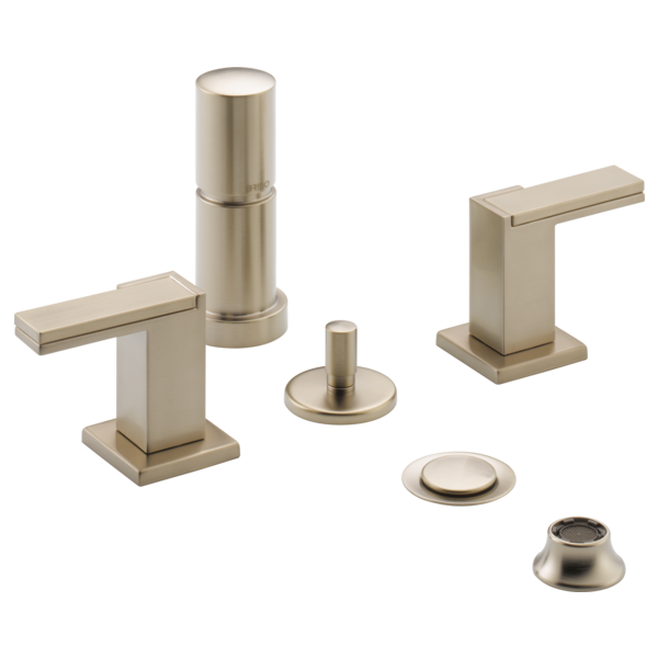 Brushed nickel bidet faucet set with two lever handles, tall spout, and mounting hardware components.