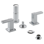 Chrome bidet faucet set with cylindrical spout, two lever handles, and mounting components.