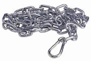 Metal safety chain with carabiner hook attachment, coiled configuration.