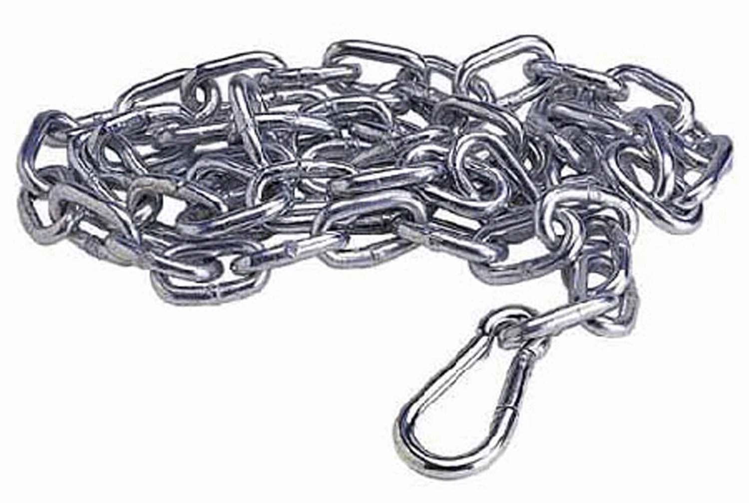 Silver metal safety chain coiled with carabiner hook attachment.