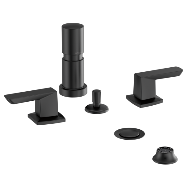 Matte black two-handle bidet faucet set with cylindrical spout, lever handles, and mounting components.