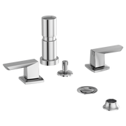 Chrome bidet faucet set with two lever handles, tall spout, and decorative trim ring components.
