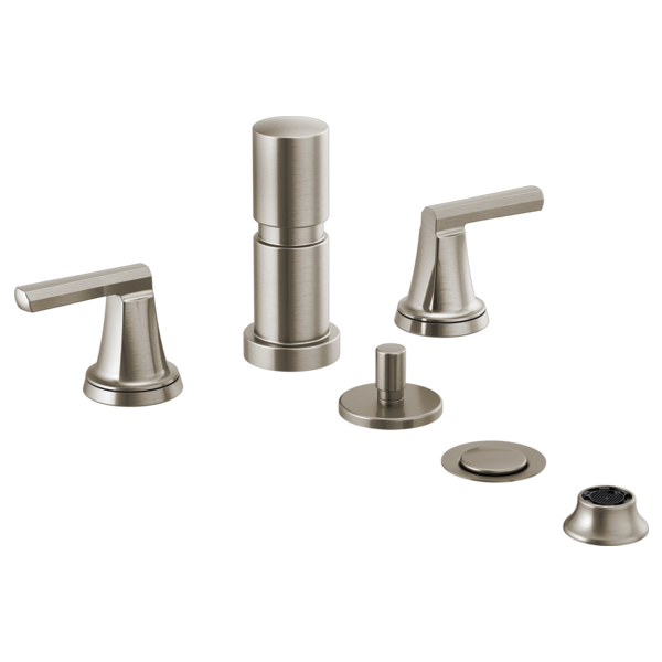 Brushed nickel bidet faucet with two lever handles, cylindrical spout, and mounting components shown separately.