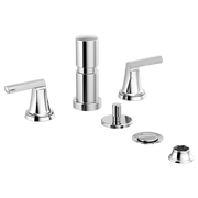 Chrome bidet faucet set with cylindrical spout, two lever handles, and mounting components on white background.