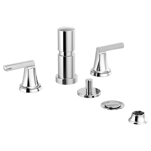 Chrome bidet faucet set with cylindrical spout, two lever handles, and mounting components on white background.