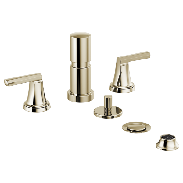 Chrome bidet faucet with two lever handles, cylindrical spout, and mounting components.