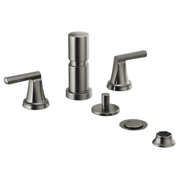 Chrome bidet faucet with two lever handles, cylindrical spout, and matching deck-mounted components.